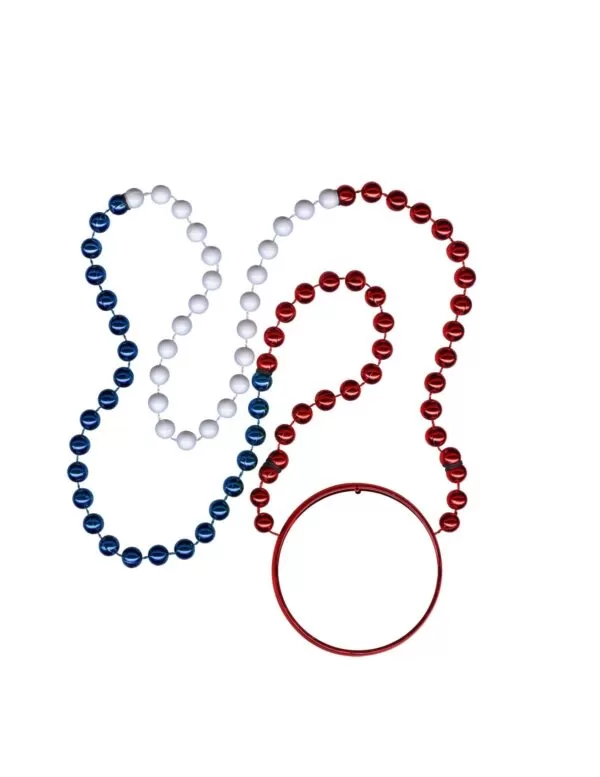 blue, white, and red beads with disk