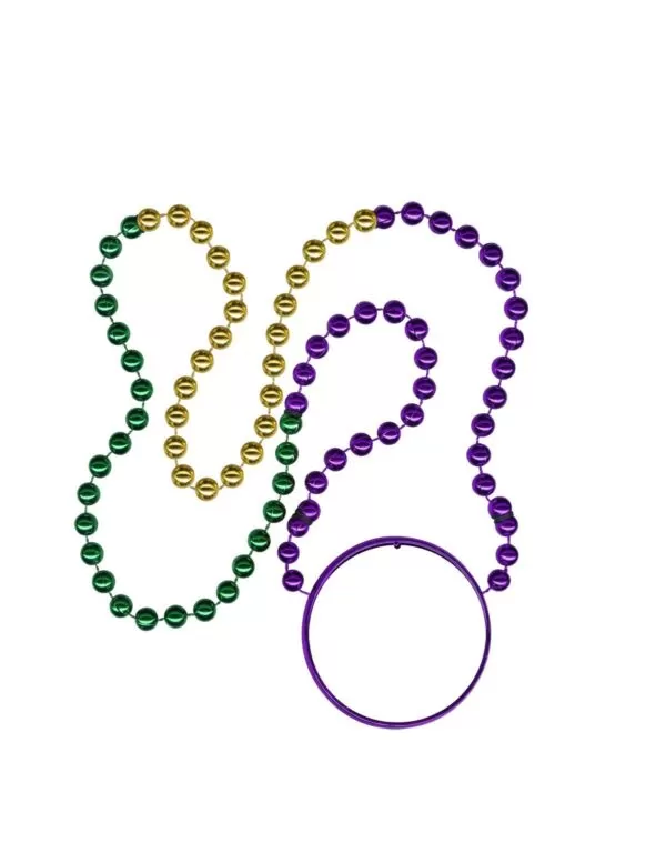 purple, gold, and green beads with disk