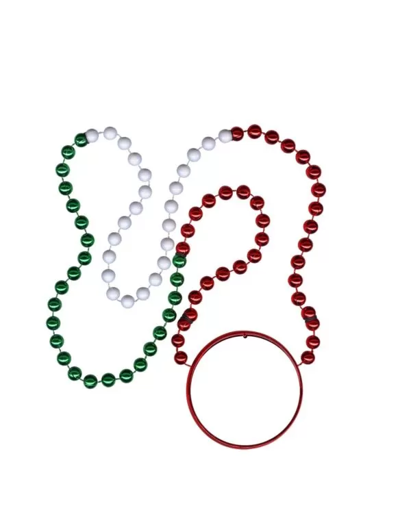 green, white, and red beads with disk