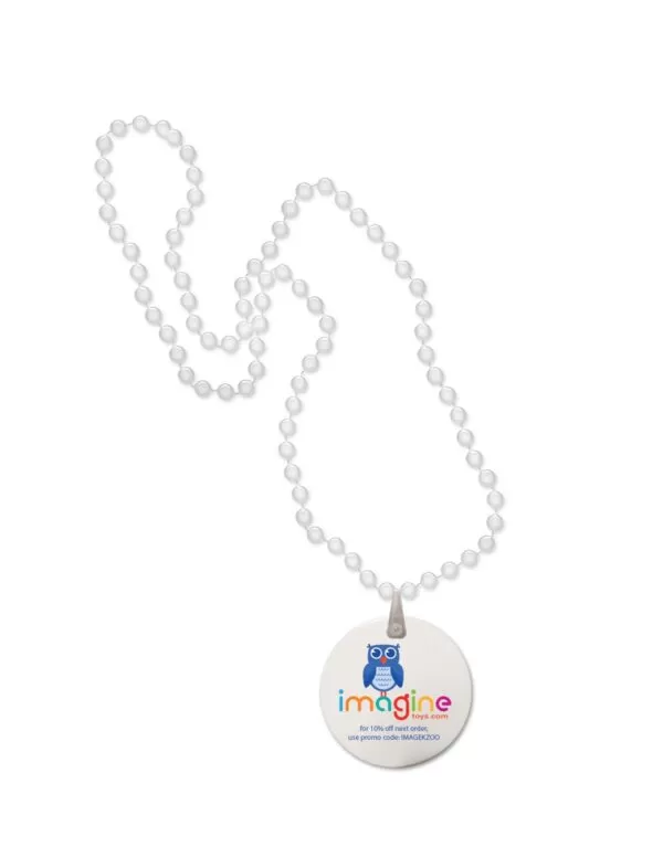 White Round Mardi Gras Beads w/Digital Imprint on Disk