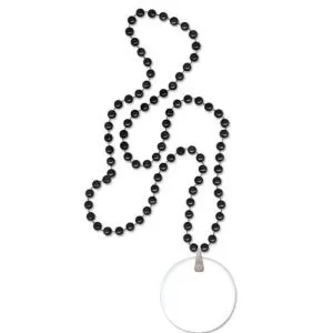 black mardi gras beads with white disk