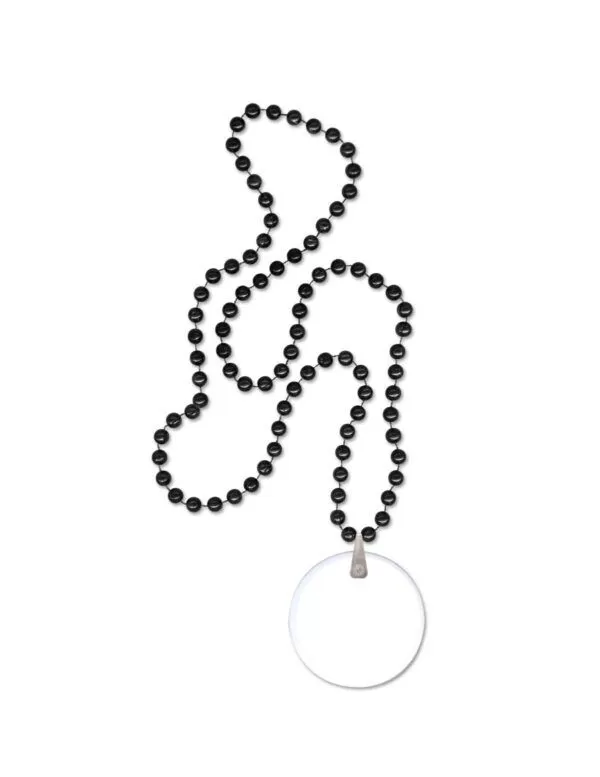 black mardi gras beads with white disk